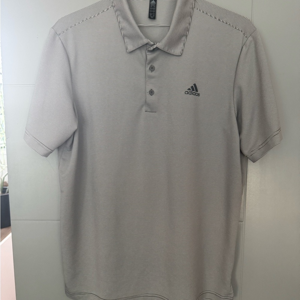 adidas Men’s Light Gray and white pinstriped Performance Golf Polo Shirt